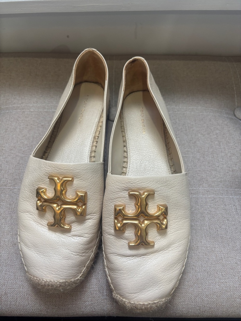 Tory Burch Eleanor Cream Leather Espadrille Flats with Gold Logo Medallion